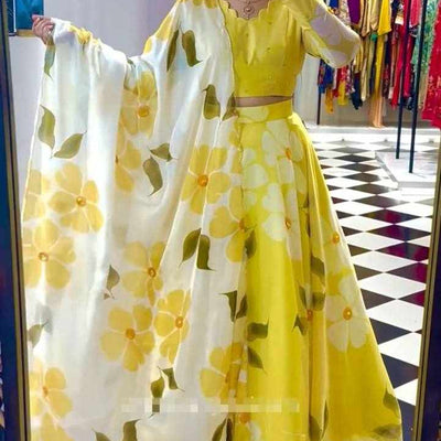 Pc 441 Yellow Fox Georgette Lehenga