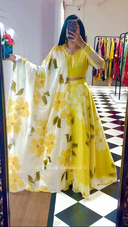 Pc 441 Yellow Fox Georgette Lehenga
