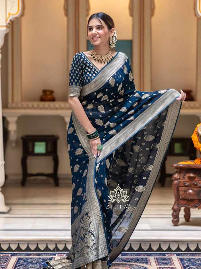 MF 1650 BLUE SOFT LICHI SILK SAREE
