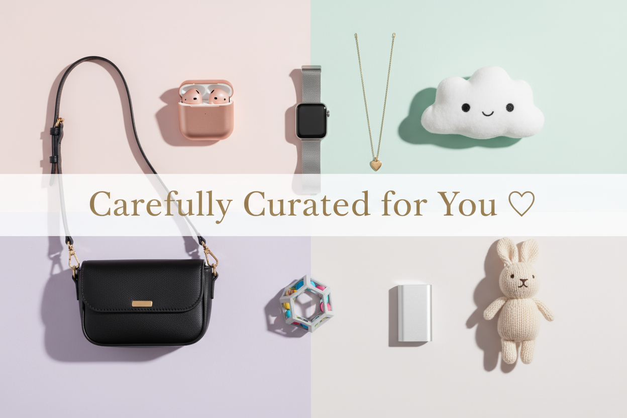 Soft pastel-themed Shopify banner for PickNTrust, showing curated flat-lay of modern gadgets, toys, and fashion accessories on a light pastel background. Gentle shadows, minimalist design, airy composition. Add text overlay 'Carefully Curated for You 💝' in elegant sans-serif font. Balanced white space and calm tones for modern Shopify store — 1200x400 px